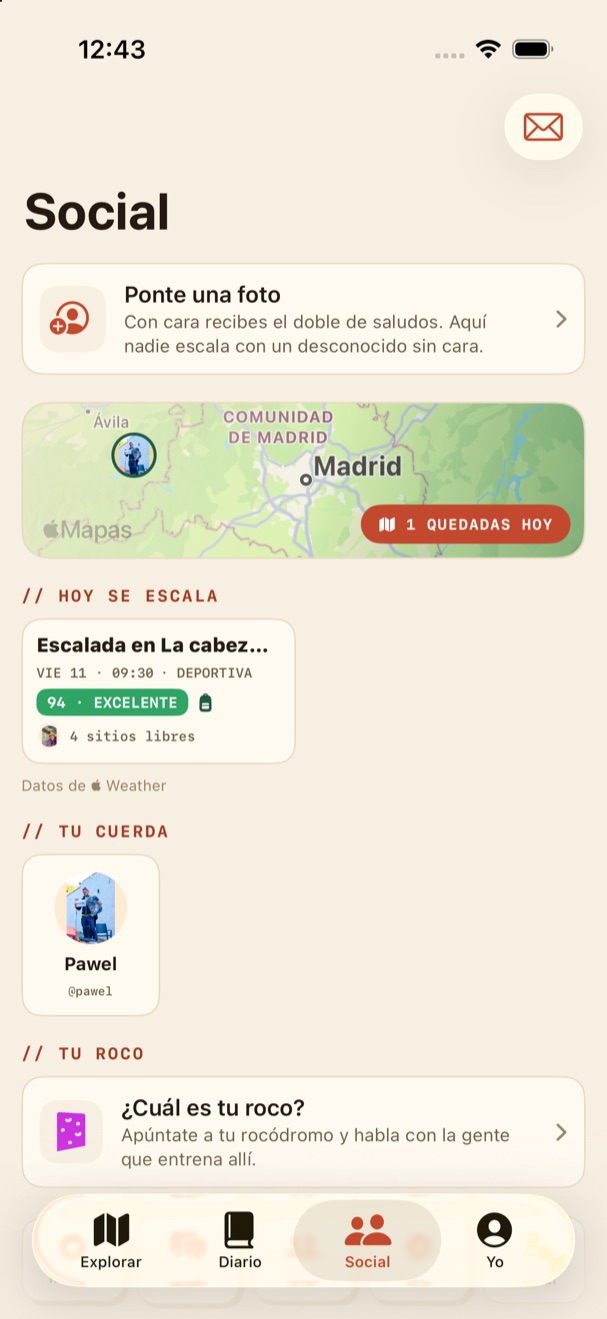 La pesta&ntilde;a social de Cordada: actividad de tus amigos, tu roco y los planes abiertos.